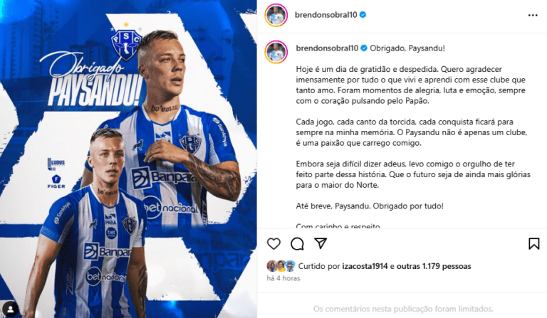 Brendon Sobral se despede do Paysandu: “Levo comigo o orgulho de ter feito parte dessa história”