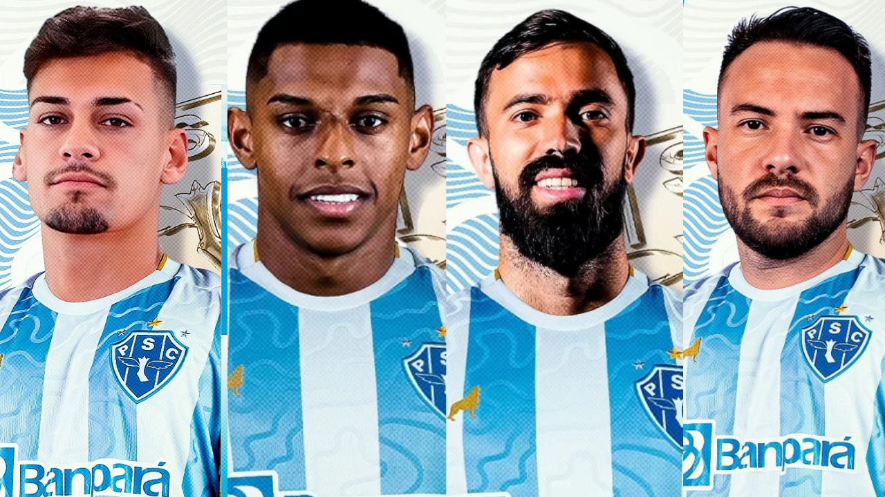 Giovanni, Matheus, Marcelinho e Matias! Quatro jogadores contratados pelo Paysandu para a temporada de 2025, posando lado a lado