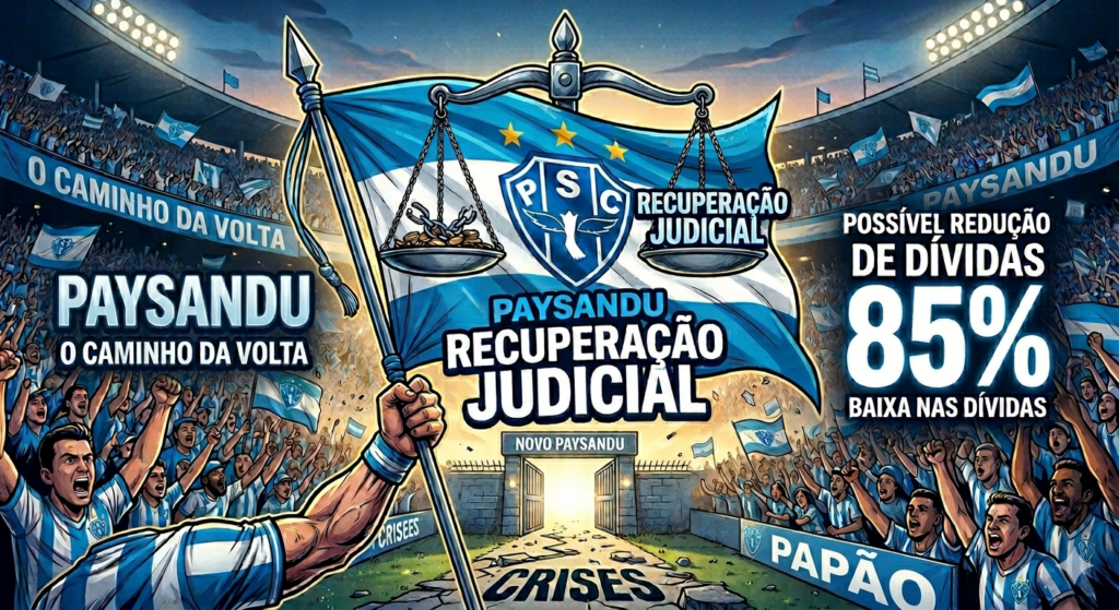 Paysandu recuperação judicial com redução de até 85% das dívidas ilustrada com torcida e escudo do clube