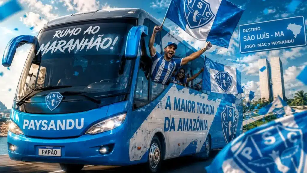 Ônibus azul com torcedores do Paysandu viajando rumo ao Maranhão para acompanhar o jogo contra o MAC pela Série C. A torcida aparece com bandeiras bicolores para fora das janelas em clima de festa.
