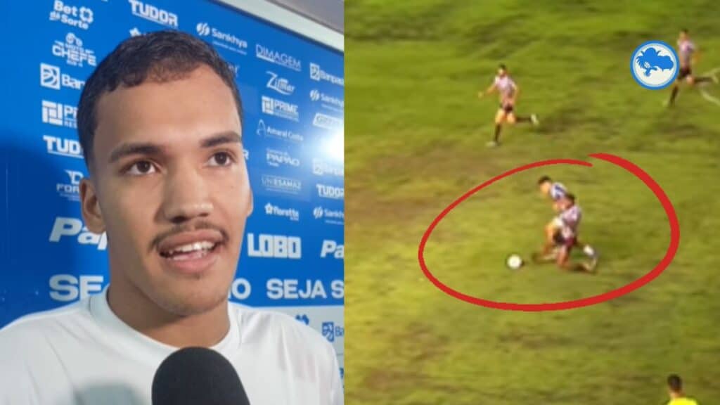 Juninho aparece em entrevista após a partida e, ao lado, no lance em que passa pela marcação do Anápolis durante a jogada do gol da vitória do Paysandu pela Série C.
