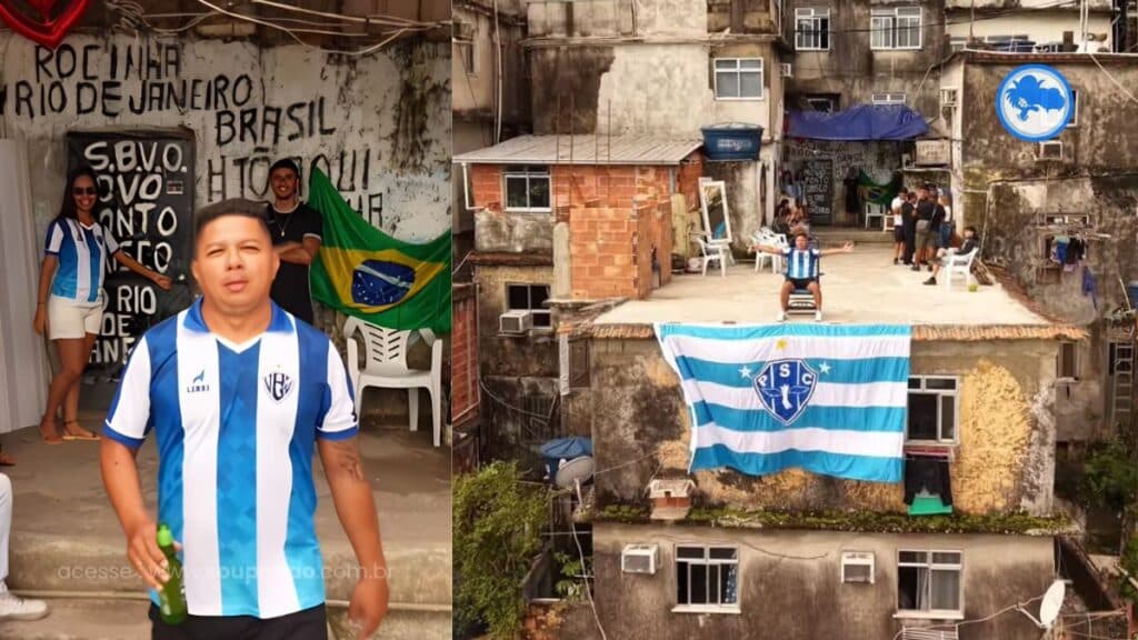 Torcedor do Paysandu posa com camisa do clube na Rocinha, no Rio de Janeiro, enquanto imagens de drone mostram uma grande bandeira bicolor estendida em um prédio antes do jogo contra o Vasco pela Copa do Brasil.