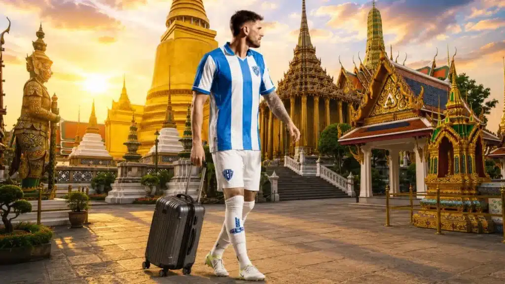 Jogador usando uniforme azul e branco do Paysandu caminha com uma mala diante de templos da Tailândia ao pôr do sol, representando a saída de Yeferson Quintana para o futebol tailandês.